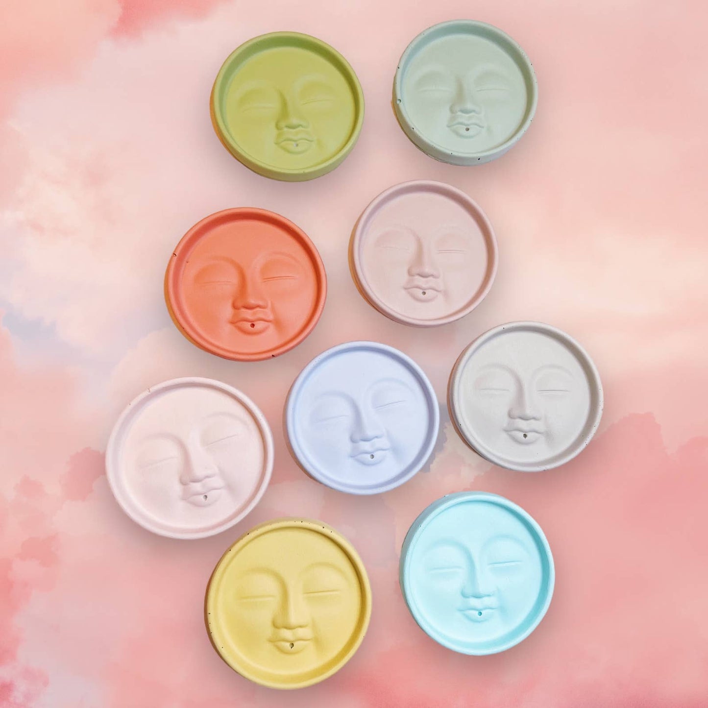 Fire and Moth Co - Colorful Concrete Moon Face Celestial Incense Holder: Matte / Dusty Rose Fire and Moth Co
