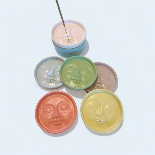Fire and Moth Co - Colorful Concrete Moon Face Celestial Incense Holder: Matte / Dusty Rose Fire and Moth Co