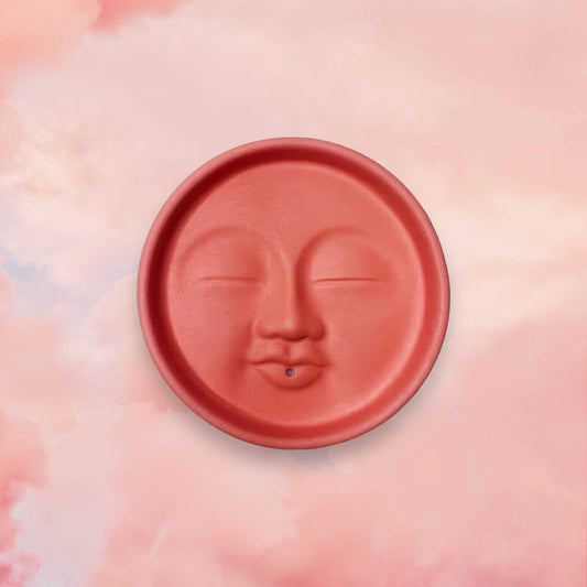 Fire and Moth Co - Colorful Concrete Moon Face Celestial Incense Holder: Matte / Coral Fire and Moth Co