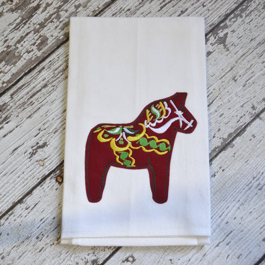 SewMuchMoreStore - Dala Horse Tea Towel, Embroidered Floursack Towel: Red / Hanging Hook SewMuchMoreStore