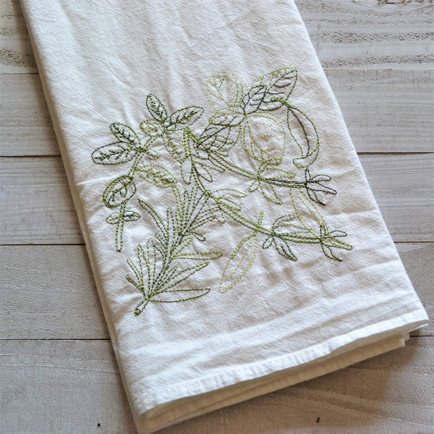 SewMuchMoreStore - Herbs Tea Towel - Embroidered Floursack Towel: Multi Greens / HANGING HOOK SewMuchMoreStore