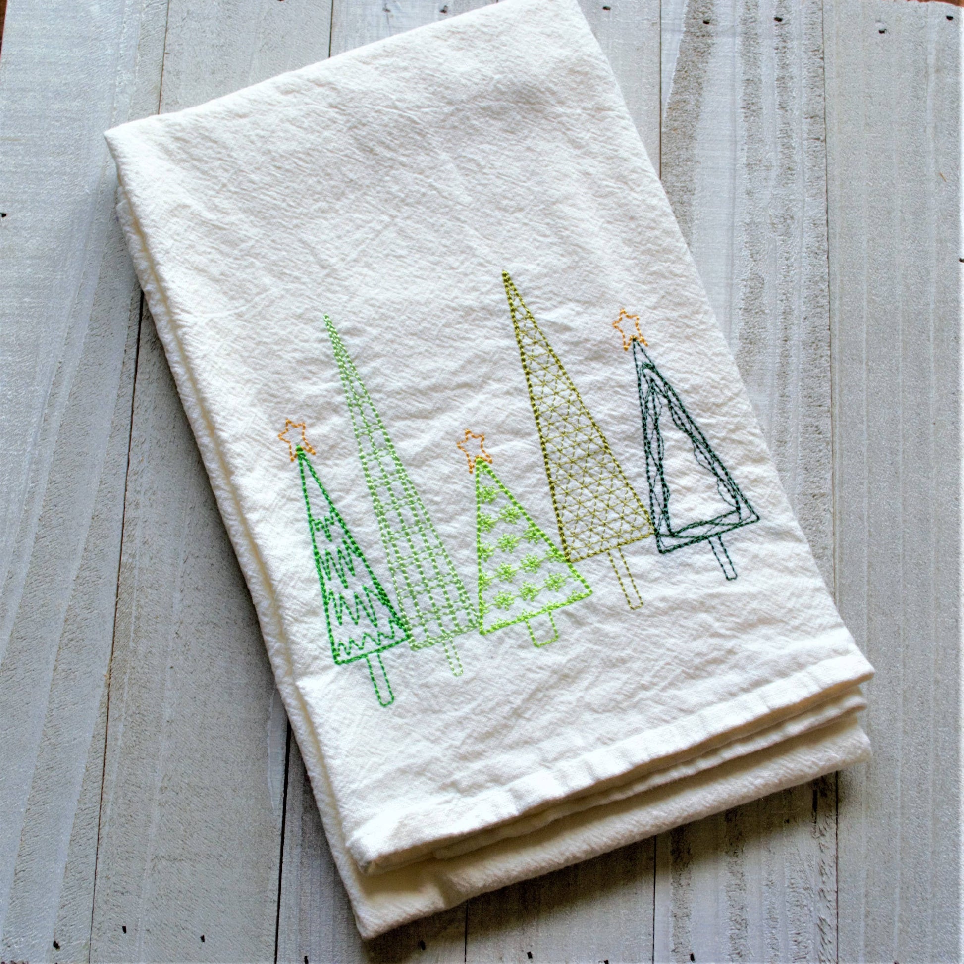 SewMuchMoreStore - Winter Christmas Trees Tea Towel Embroidered - Holiday Decor: Varigated Green / HANGING HOOK SewMuchMoreStore