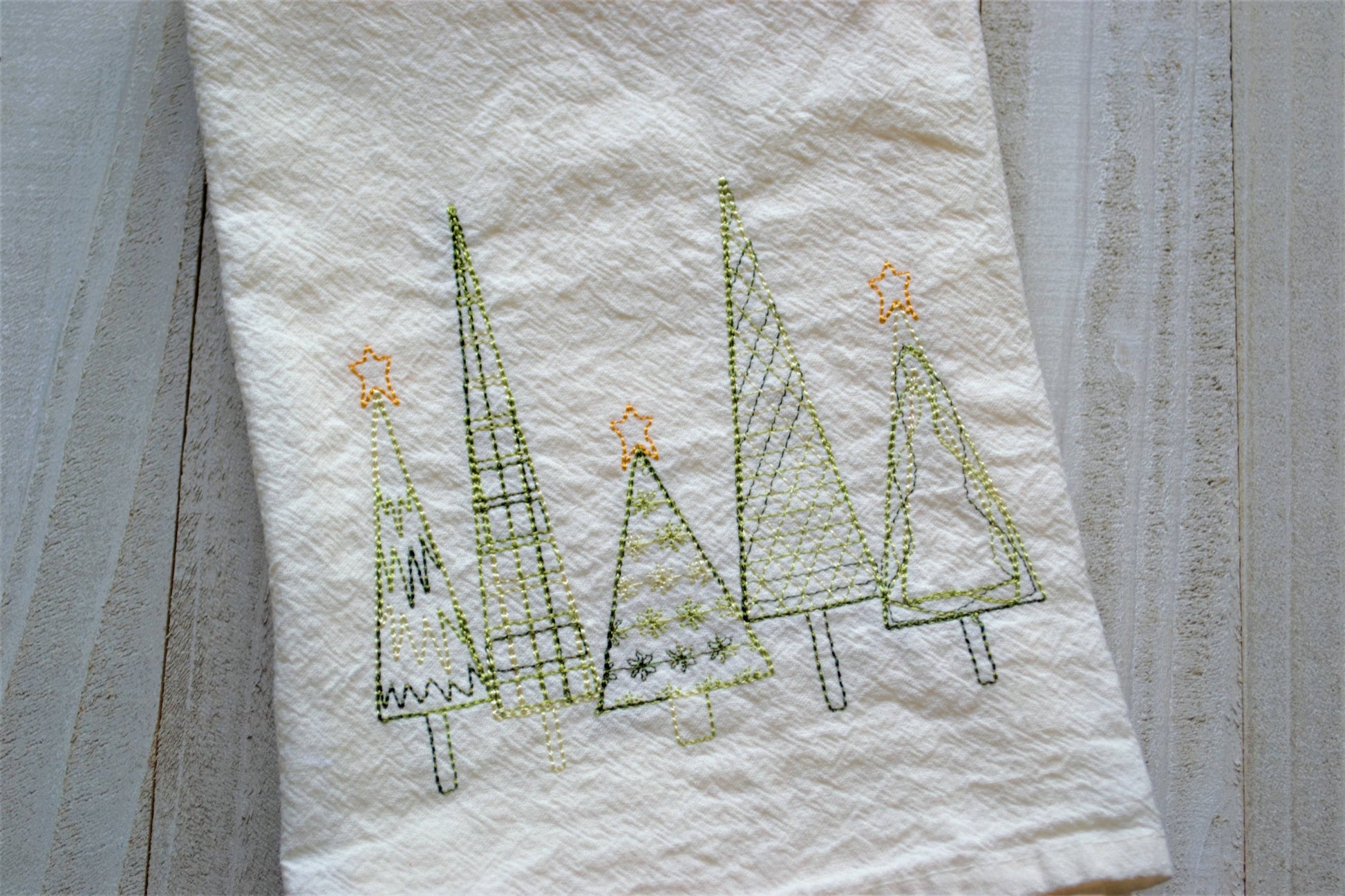 SewMuchMoreStore - Winter Christmas Trees Tea Towel Embroidered - Holiday Decor: Varigated Green / HANGING HOOK SewMuchMoreStore