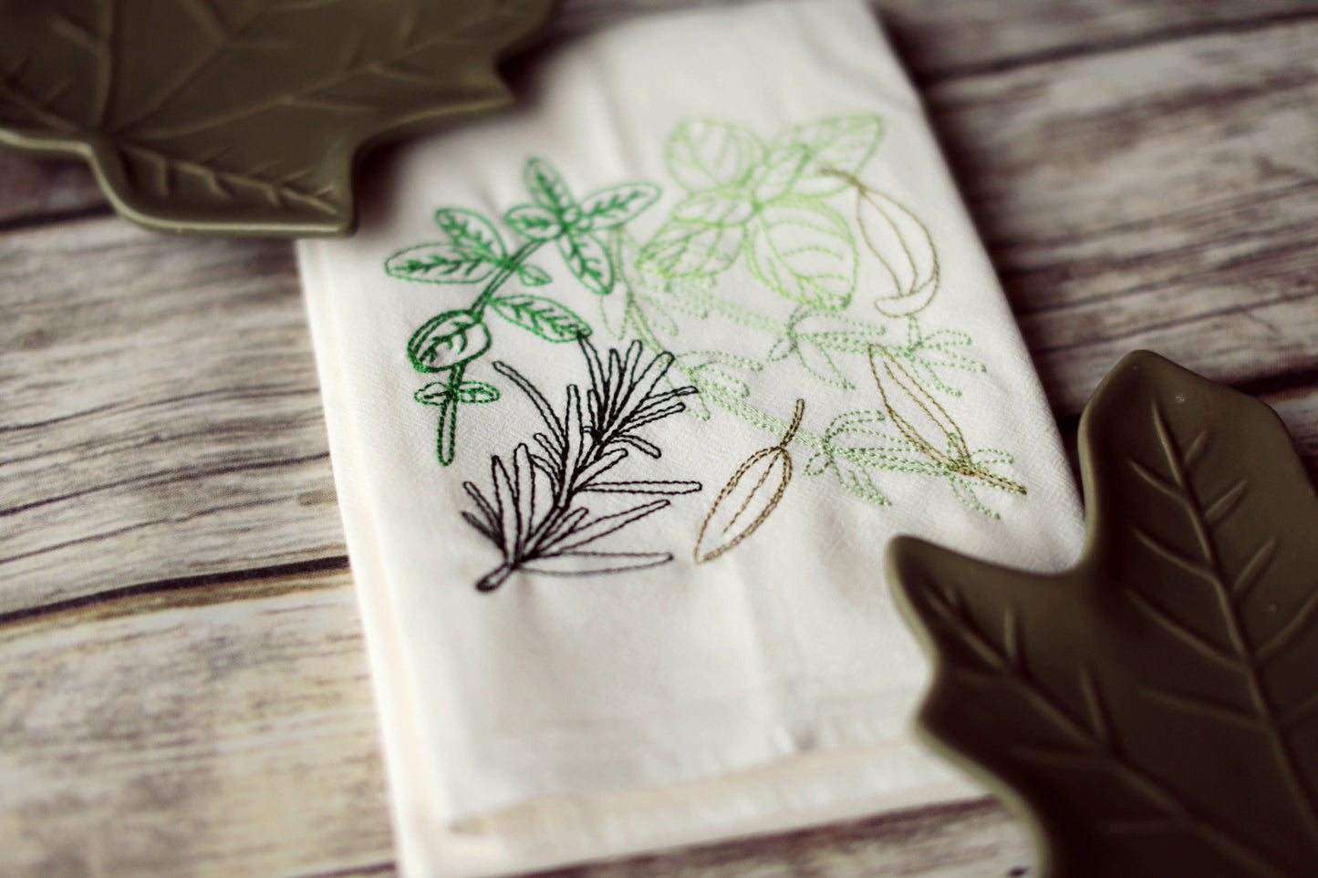 SewMuchMoreStore - Herbs Tea Towel - Embroidered Floursack Towel: Multi Greens / HANGING HOOK SewMuchMoreStore