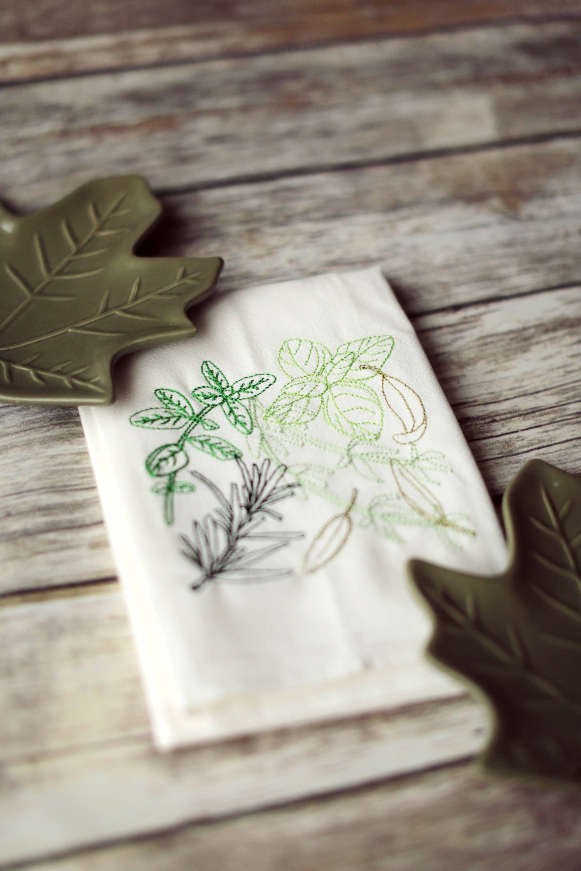 SewMuchMoreStore - Herbs Tea Towel - Embroidered Floursack Towel: Multi Greens / HANGING HOOK SewMuchMoreStore