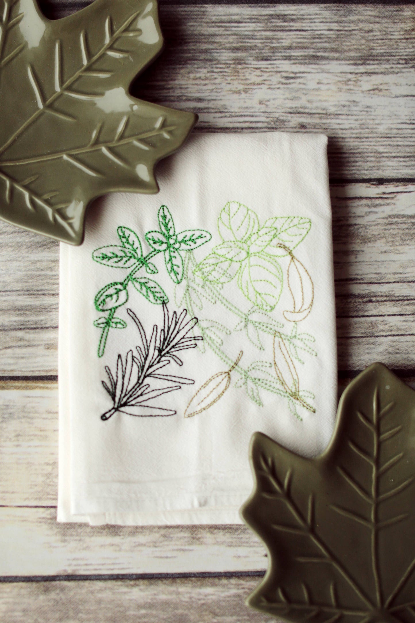 SewMuchMoreStore - Herbs Tea Towel - Embroidered Floursack Towel: Multi Greens / HANGING HOOK SewMuchMoreStore