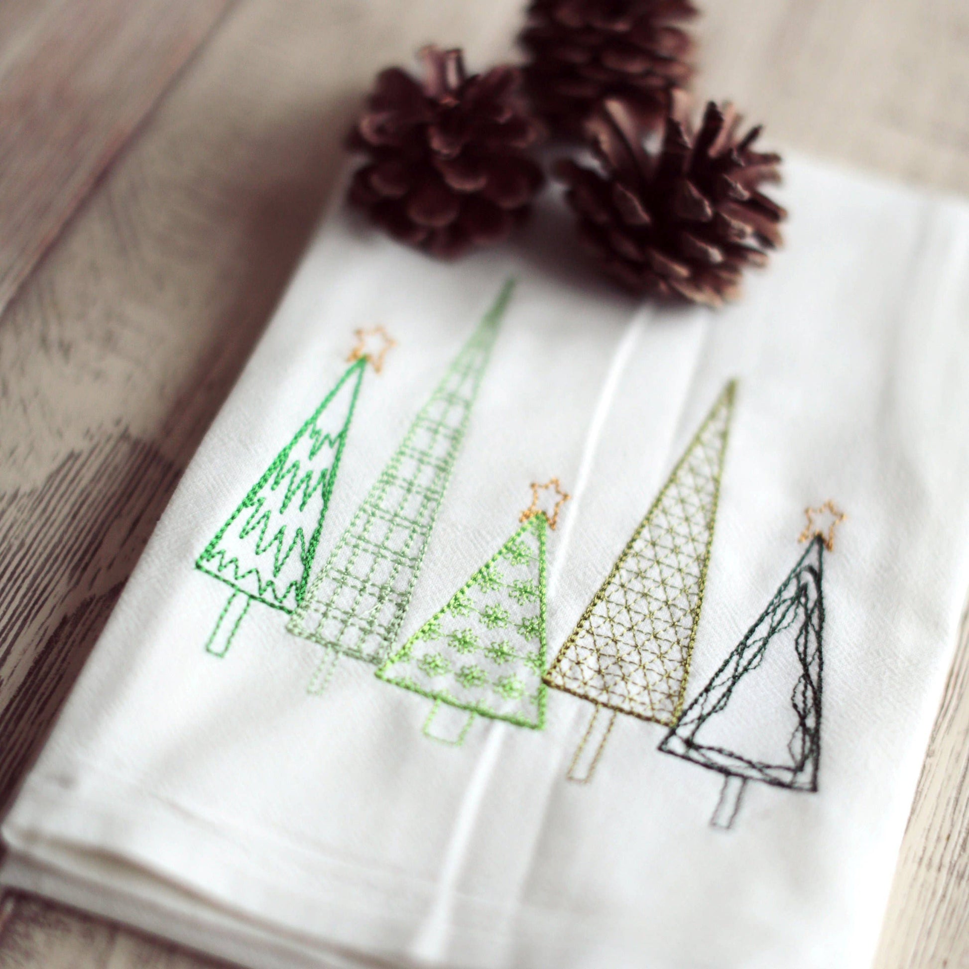 SewMuchMoreStore - Winter Christmas Trees Tea Towel Embroidered - Holiday Decor: Varigated Green / HANGING HOOK SewMuchMoreStore