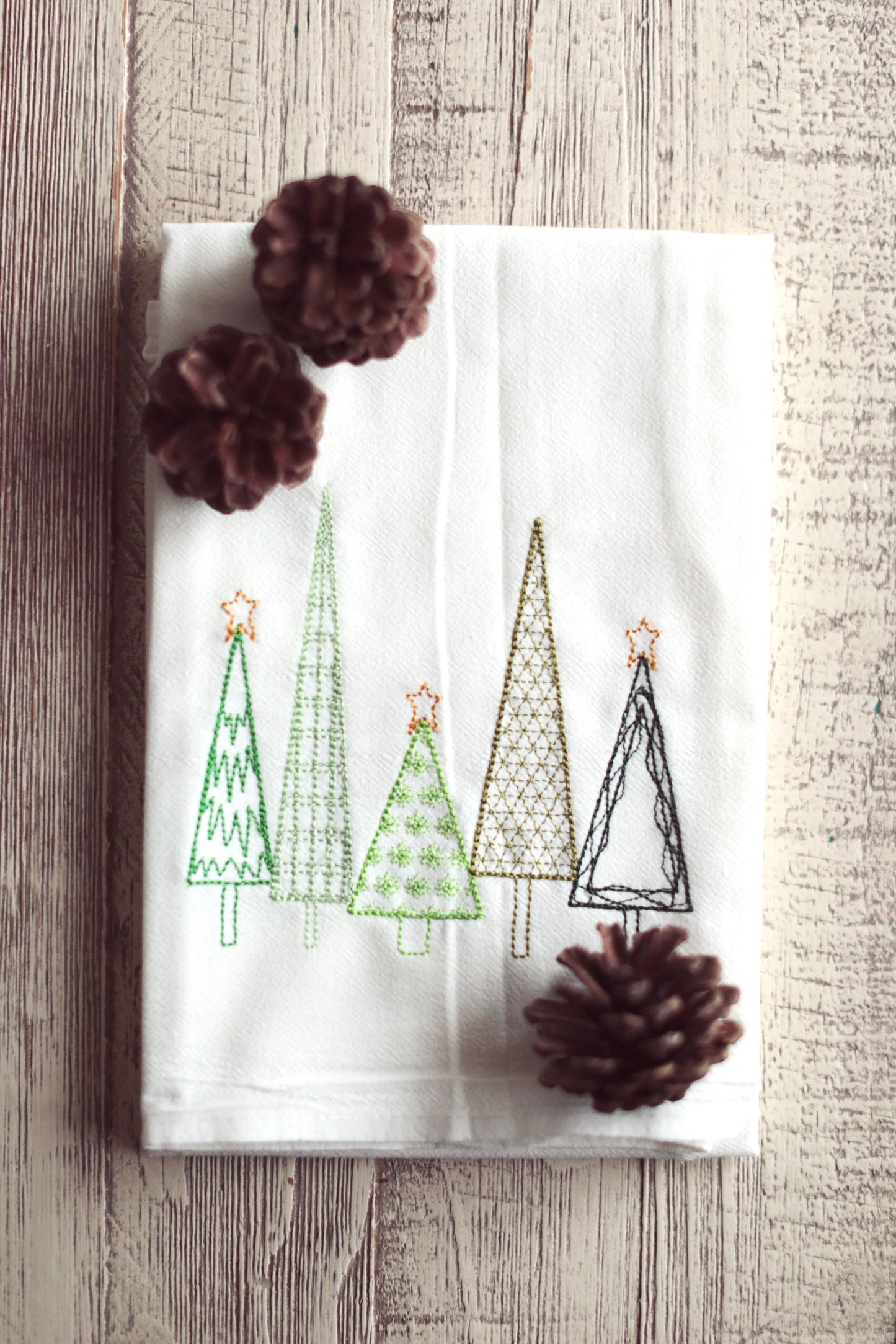 SewMuchMoreStore - Winter Christmas Trees Tea Towel Embroidered - Holiday Decor: Varigated Green / HANGING HOOK SewMuchMoreStore