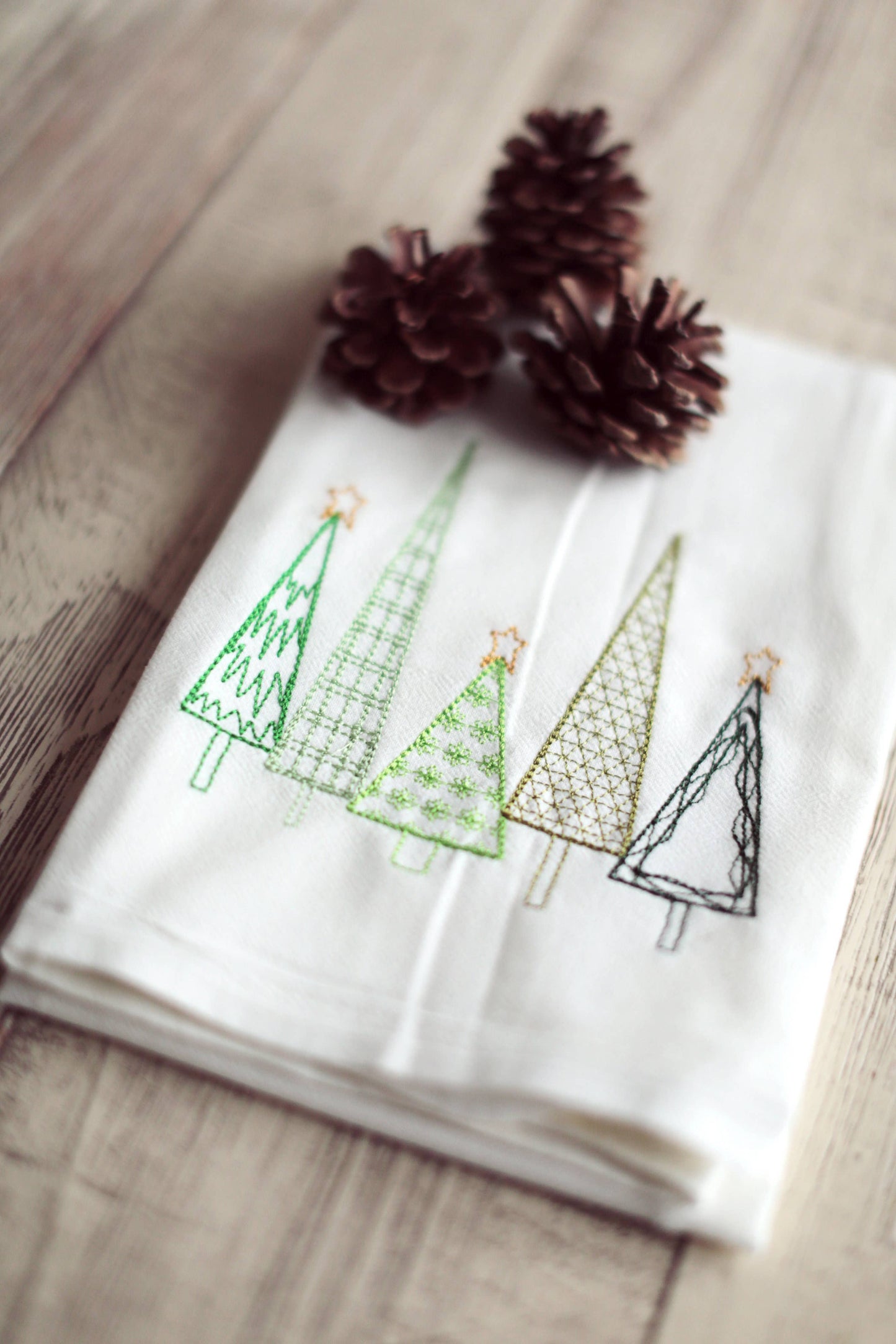 SewMuchMoreStore - Winter Christmas Trees Tea Towel Embroidered - Holiday Decor: Varigated Green / HANGING HOOK SewMuchMoreStore