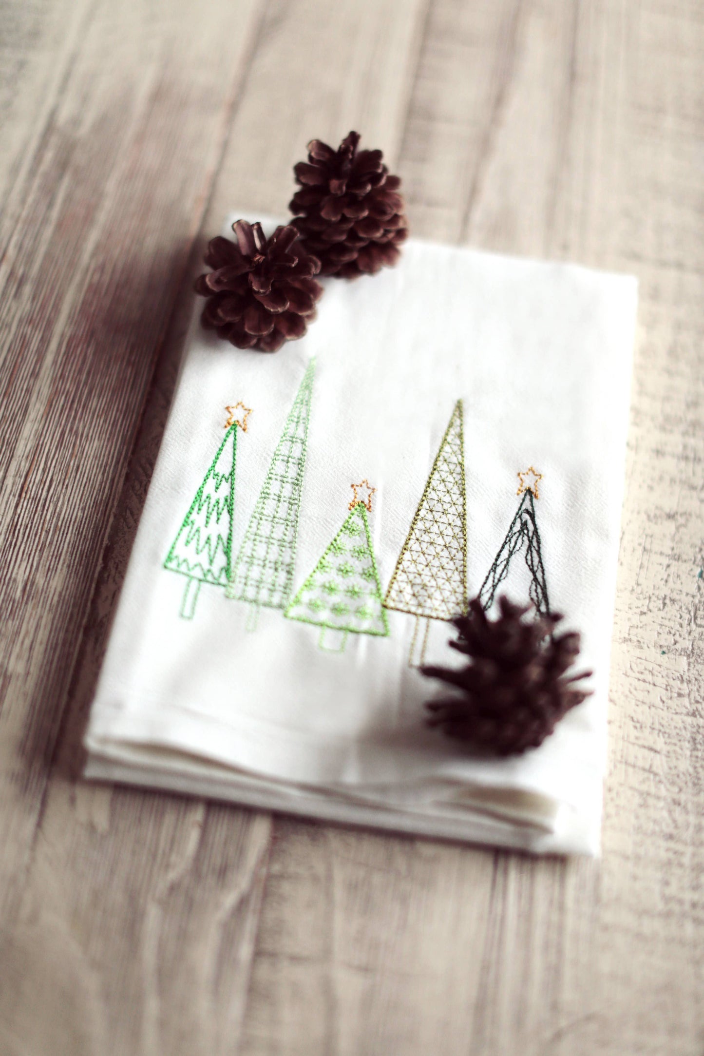 SewMuchMoreStore - Winter Christmas Trees Tea Towel Embroidered - Holiday Decor: Varigated Green / HANGING HOOK SewMuchMoreStore