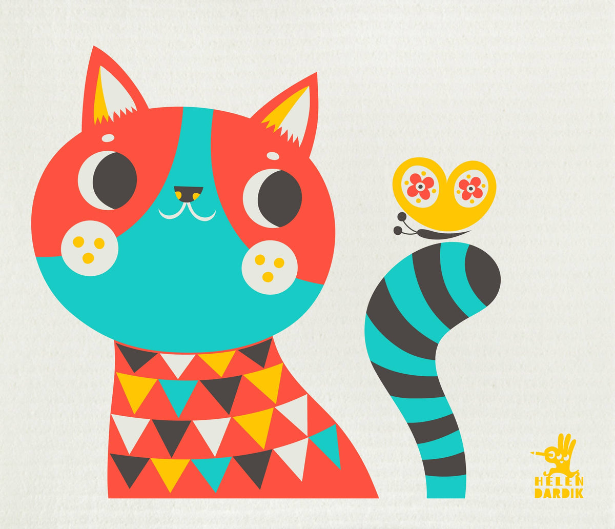 Helen Dardik Cat Red + Turquoise Swedish Dishcloth - Natural