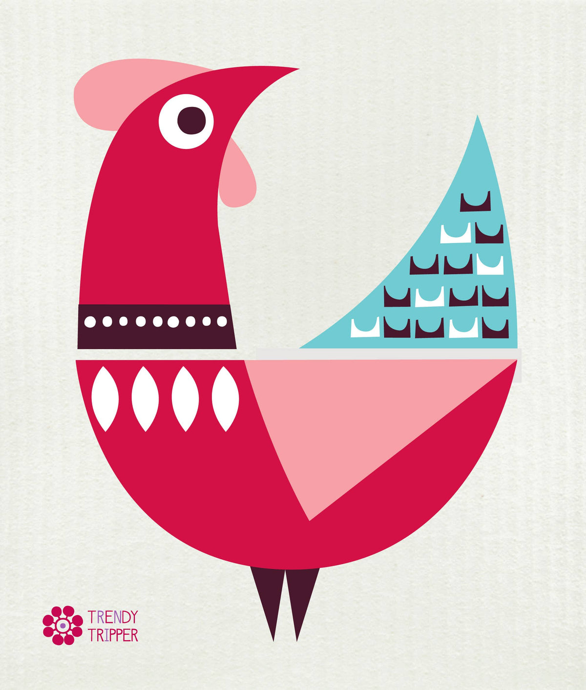 Rooster Modern Red Pink Turquoise Swedish Dishcloth Natural