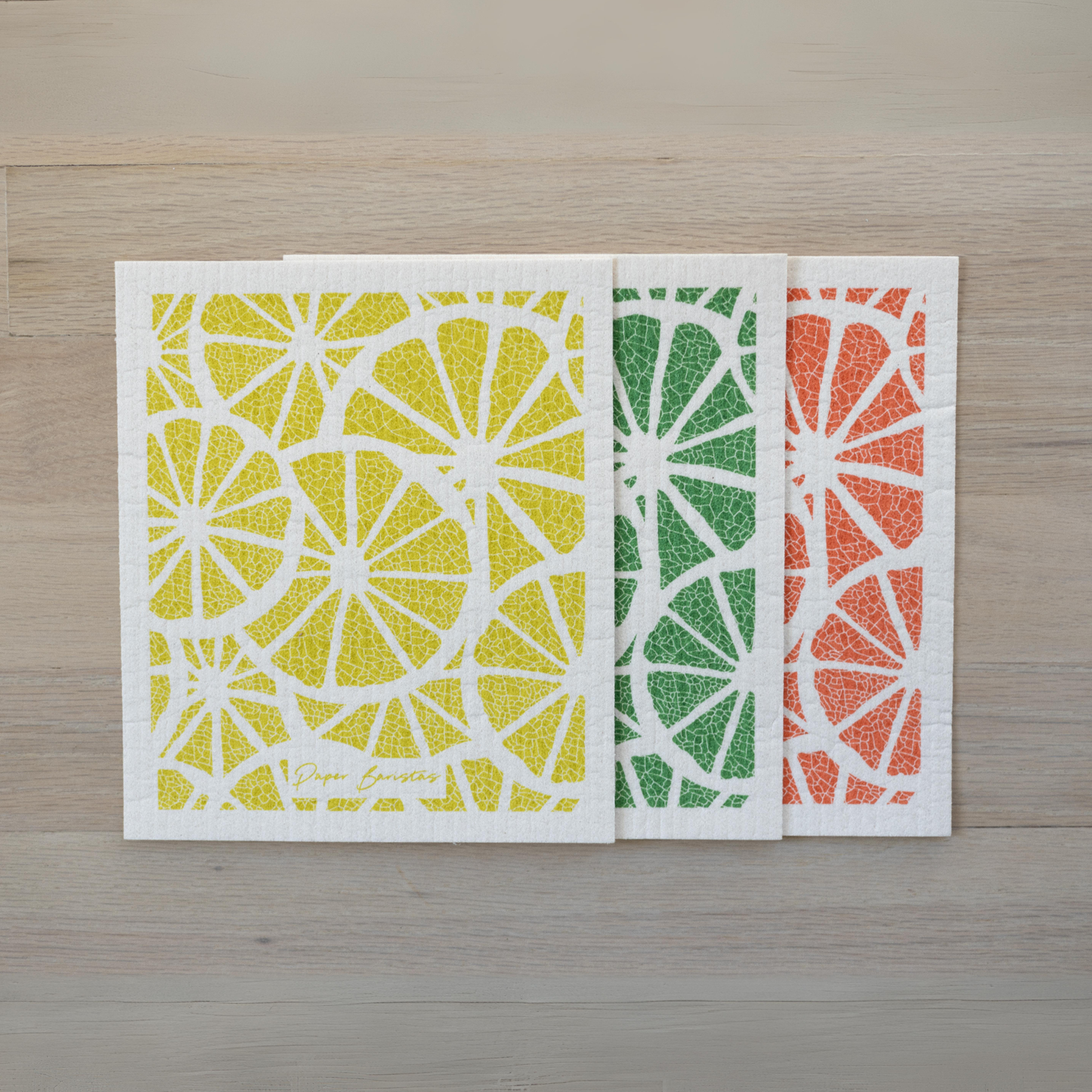 Paper Baristas - Set of 3 Swedish Dishcloth: Orange Yellow Green Citrus Fruit Paper Baristas