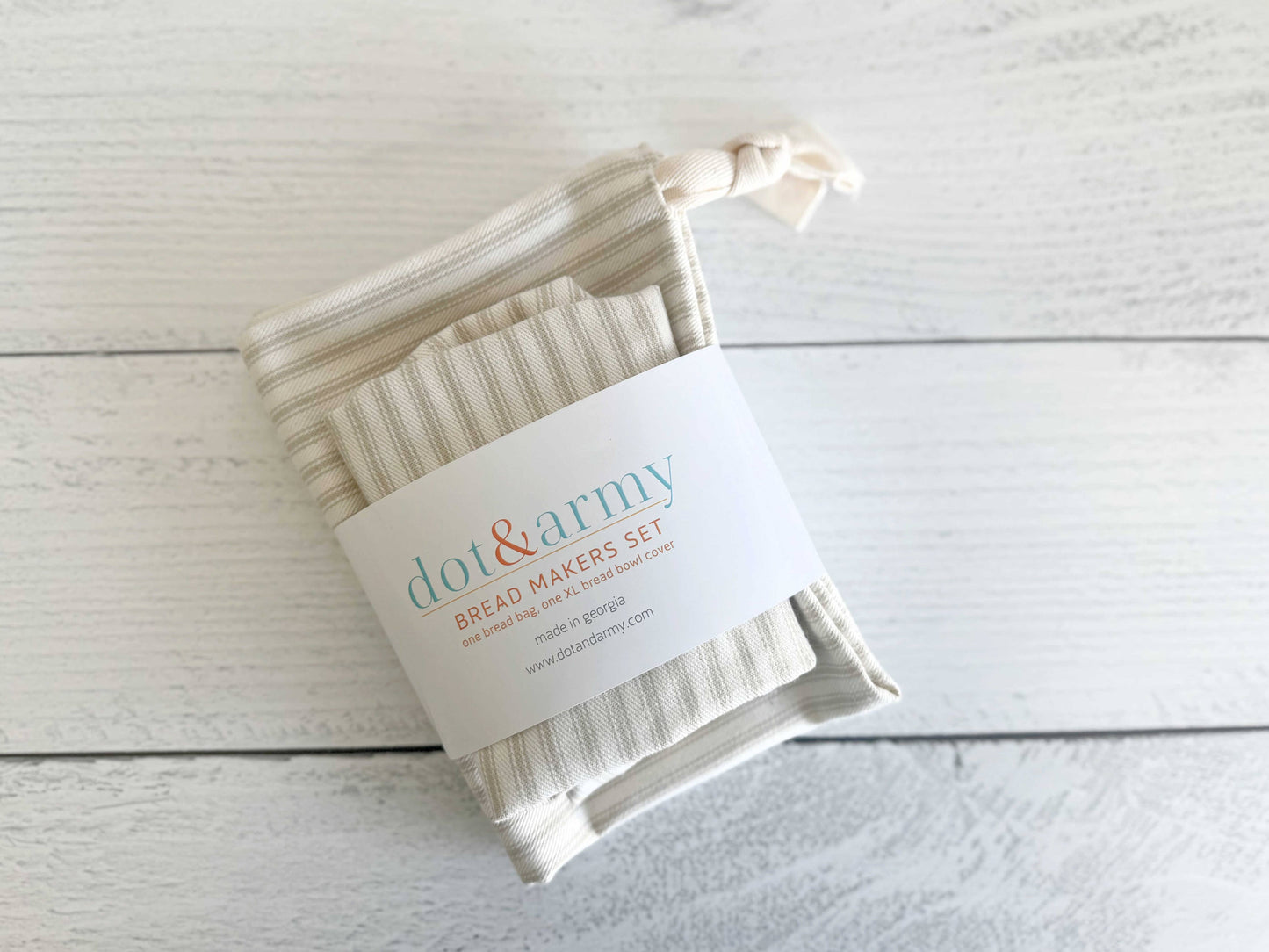 Bread Makers Set in Ticking Stripes, bread bag & bowl cover Dot and Army