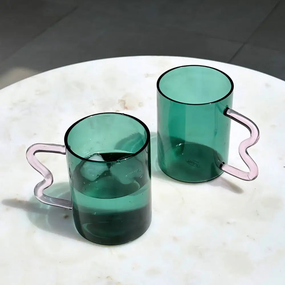 Casa Amarosa - Swirl Glass Cups-Teal cup pink handle, 2.75x3.75 Inches Casa Amarosa