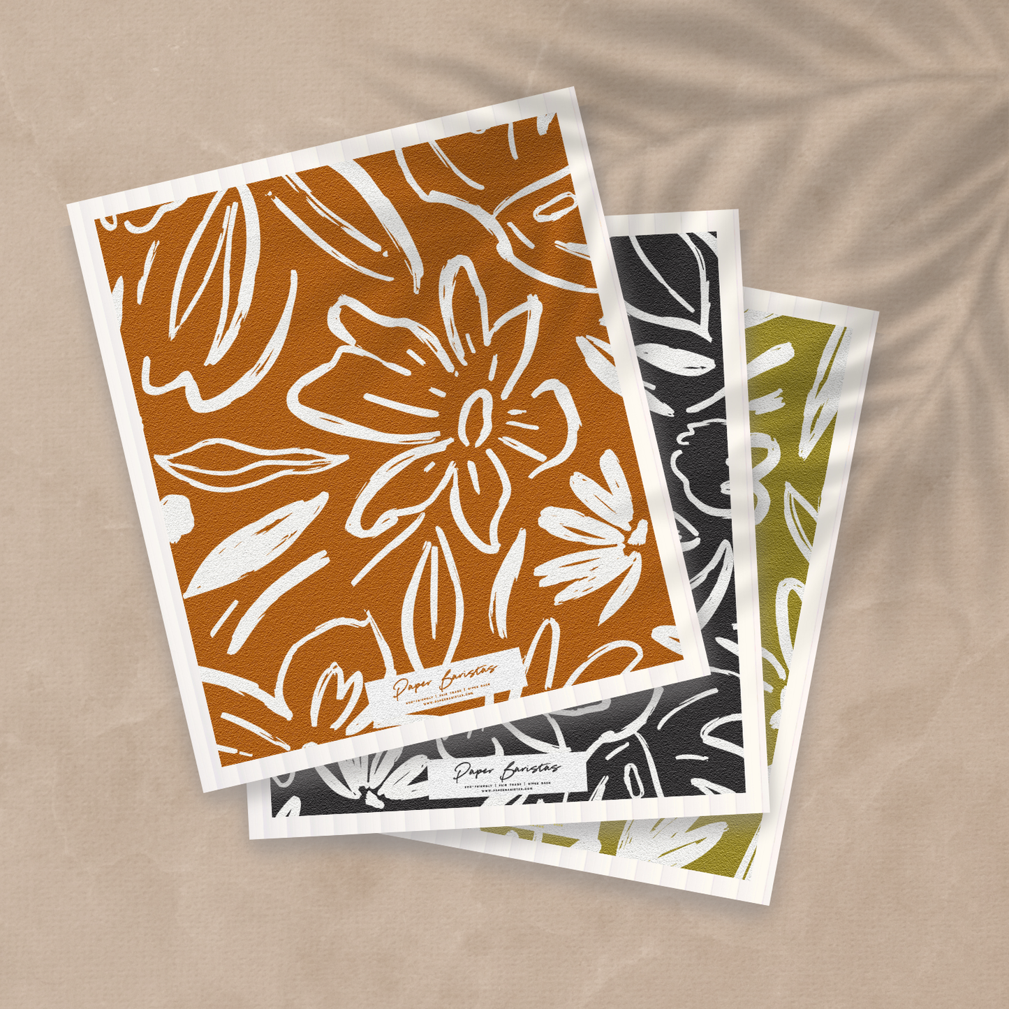 Paper Baristas - Set of 3 Swedish Dishcloth: Earthy Florals Combo Paper Baristas